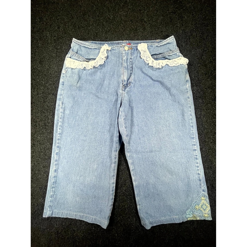 Y2K French Cuff Capri Jeans Women's 12 Blue Denim Embroidered Lace Trim Grunge